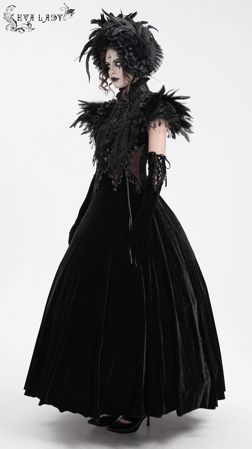 Gothic Feathered Cape with Lace Trims and Velvet Roses