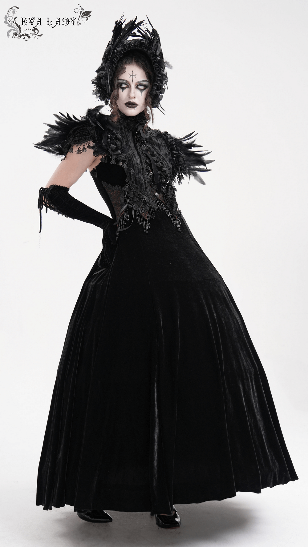 Gothic Feathered Cape with Lace Trims and Velvet Roses