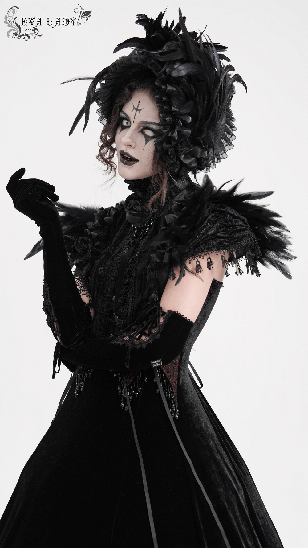 Gothic Feathered Cape with Lace Trims and Velvet Roses