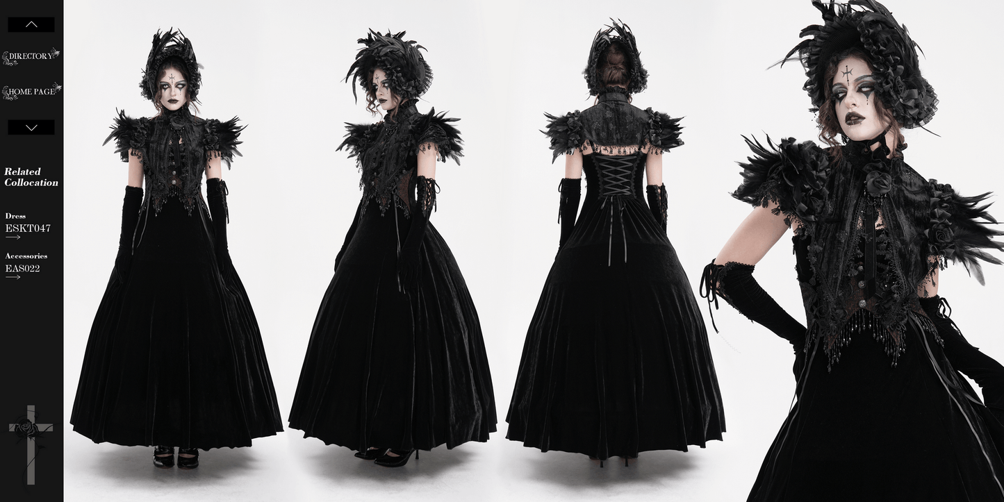 Gothic Feathered Cape with Lace Trims and Velvet Roses