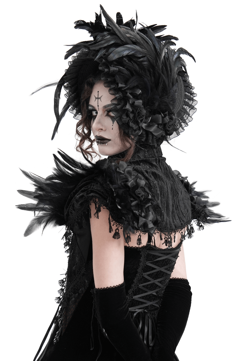 Gothic Feathered Cape with Lace Trims and Velvet Roses