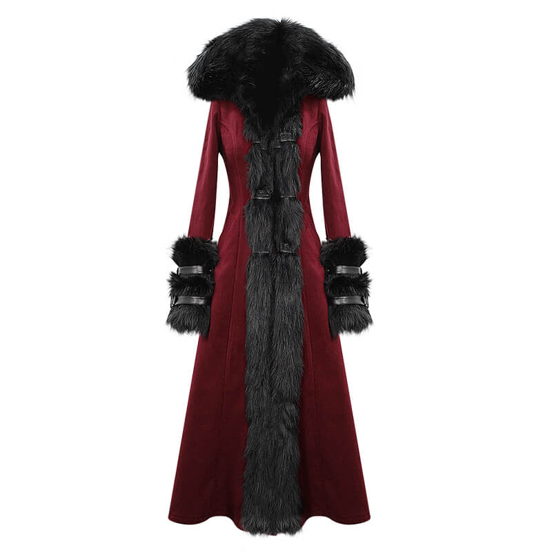 Gothic Female Long Coat with Removable Fur Collar / Thick Alternative Clothing for Women