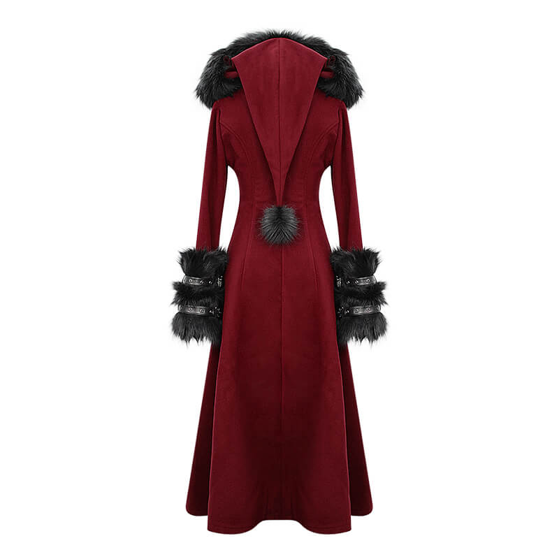 Gothic Female Long Coat with Removable Fur Collar / Thick Alternative Clothing for Women