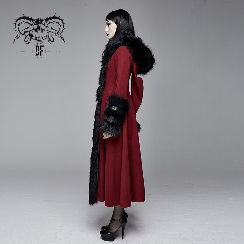 Gothic Female Long Coat with Removable Fur Collar / Thick Alternative Clothing for Women