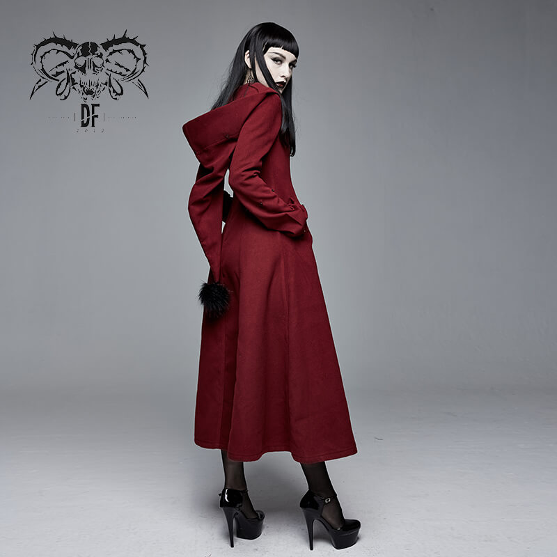Gothic Female Long Coat with Removable Fur Collar / Thick Alternative Clothing for Women