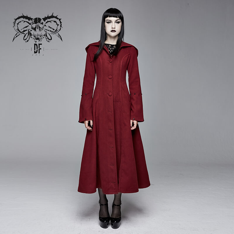 Gothic Female Long Coat with Removable Fur Collar / Thick Alternative Clothing for Women