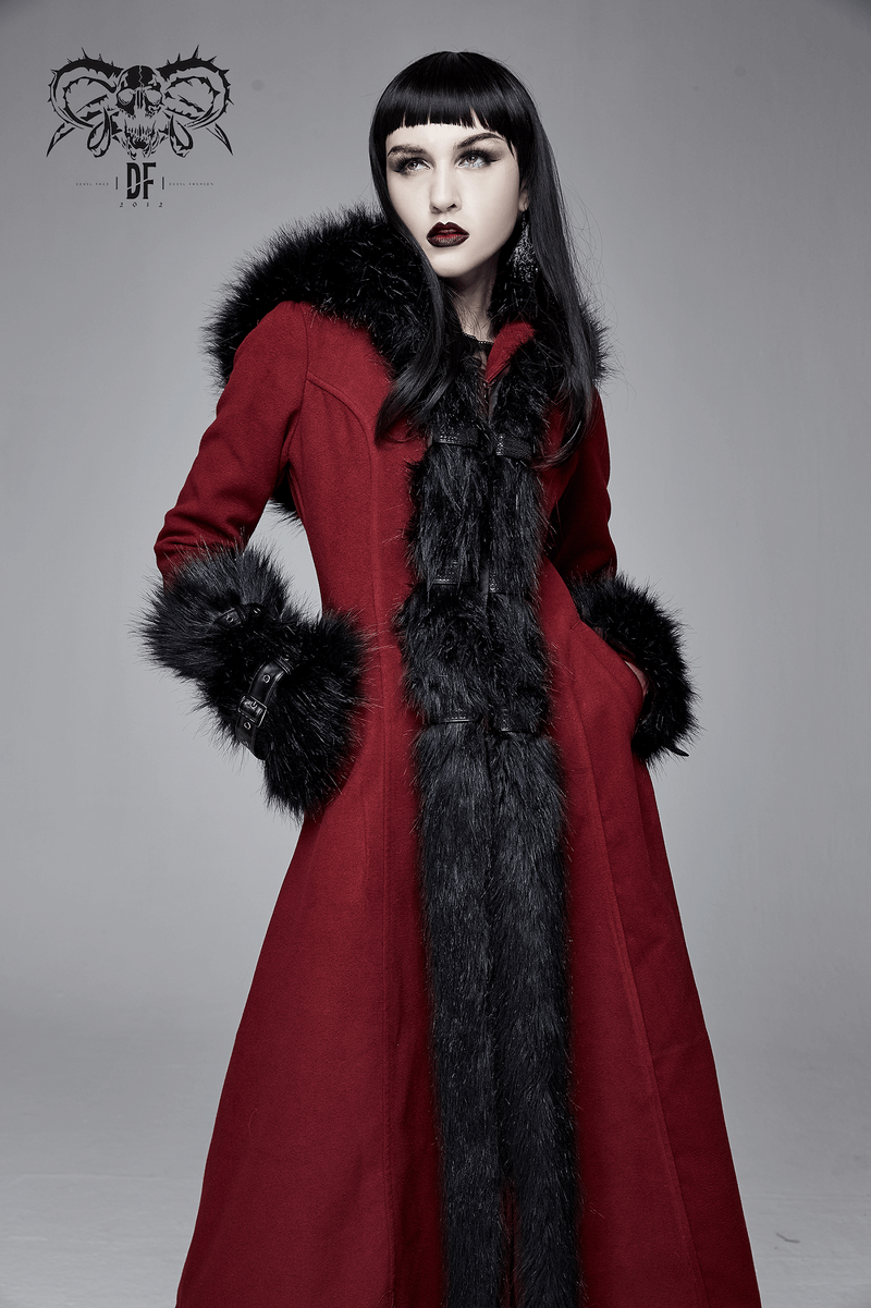 Gothic Female Long Coat with Removable Fur Collar / Thick Alternative Clothing for Women