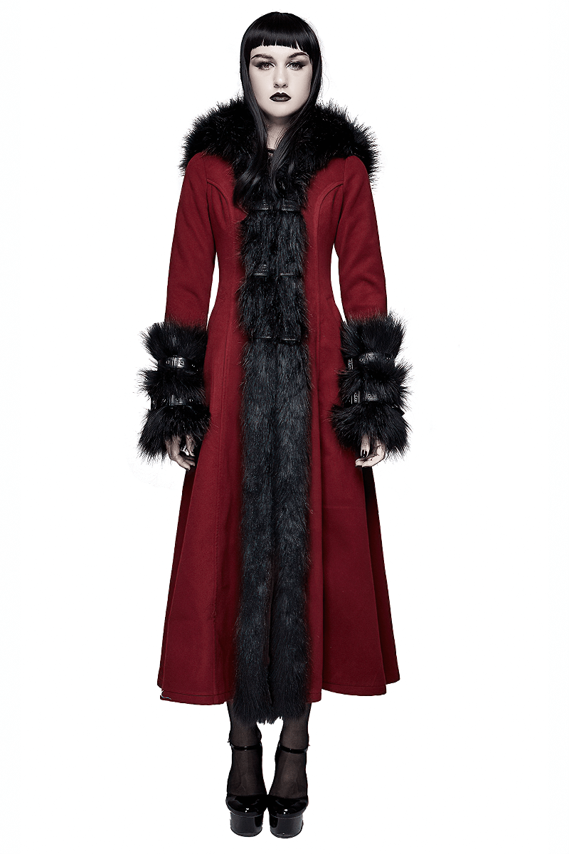 Gothic Female Long Coat with Removable Fur Collar / Thick Alternative Clothing for Women