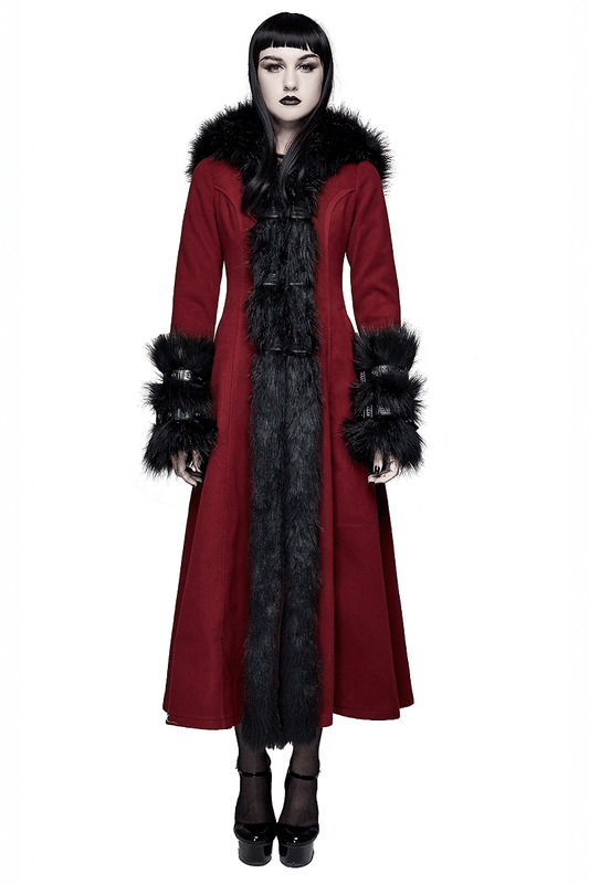 Gothic Female Long Coat with Removable Fur Collar / Thick Alternative Clothing for Women