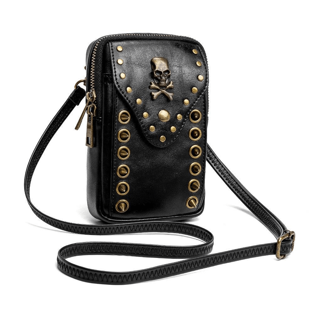 Gothic Female Outdoor Cellphone Waistbag with Skull and Rivets