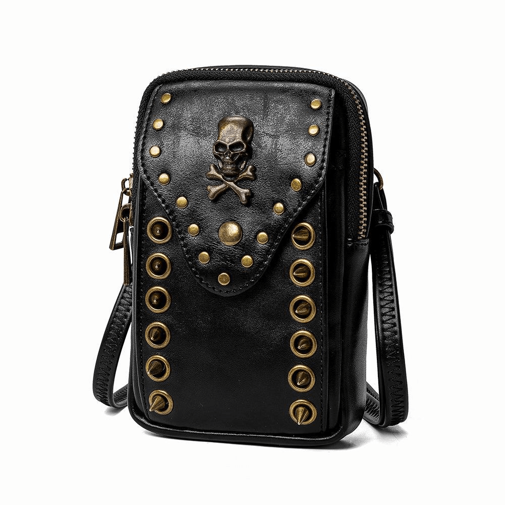 Gothic Female Outdoor Cellphone Waistbag with Skull and Rivets