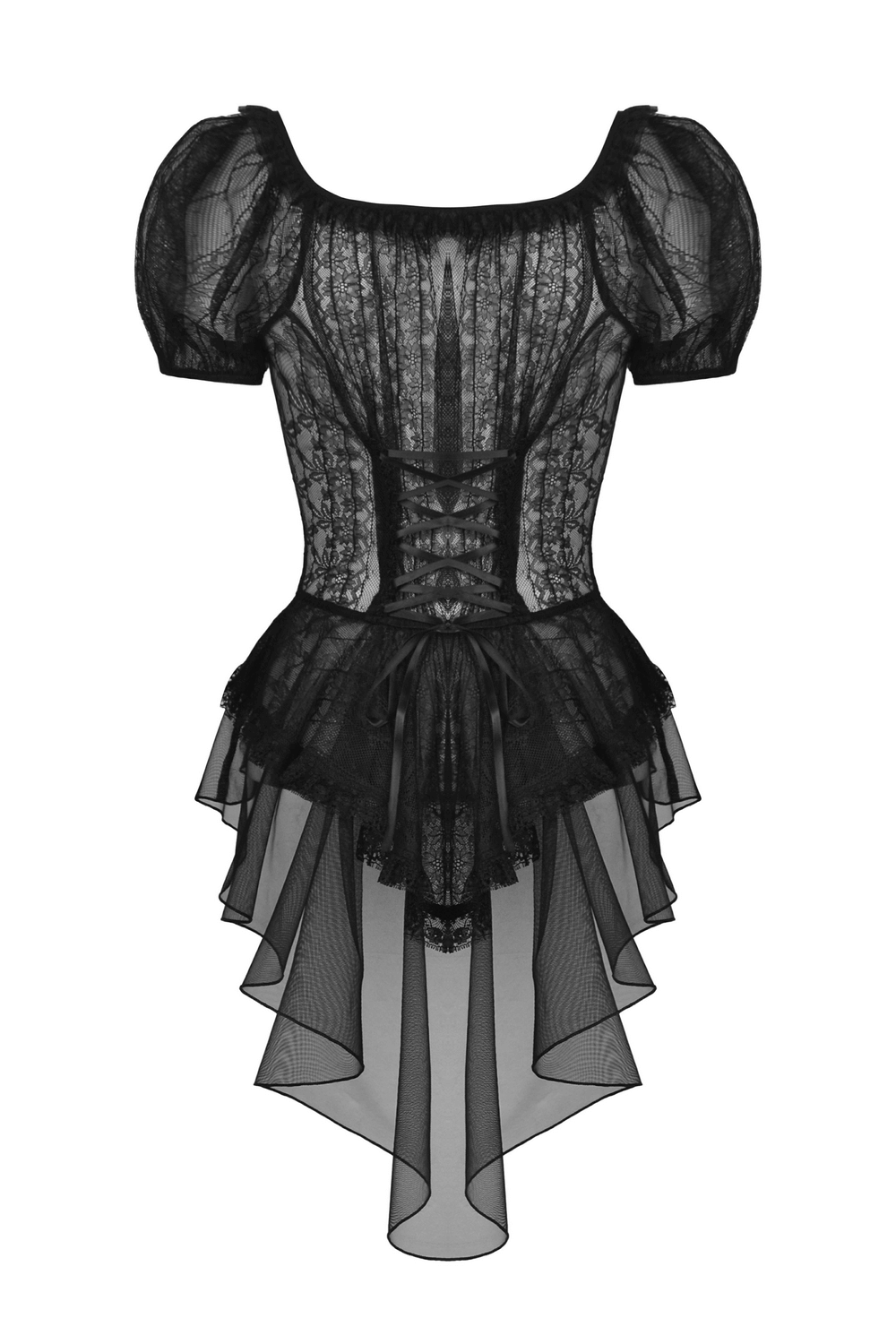 Gothic Female Sheer Black Lace Top with Puff Sleeves