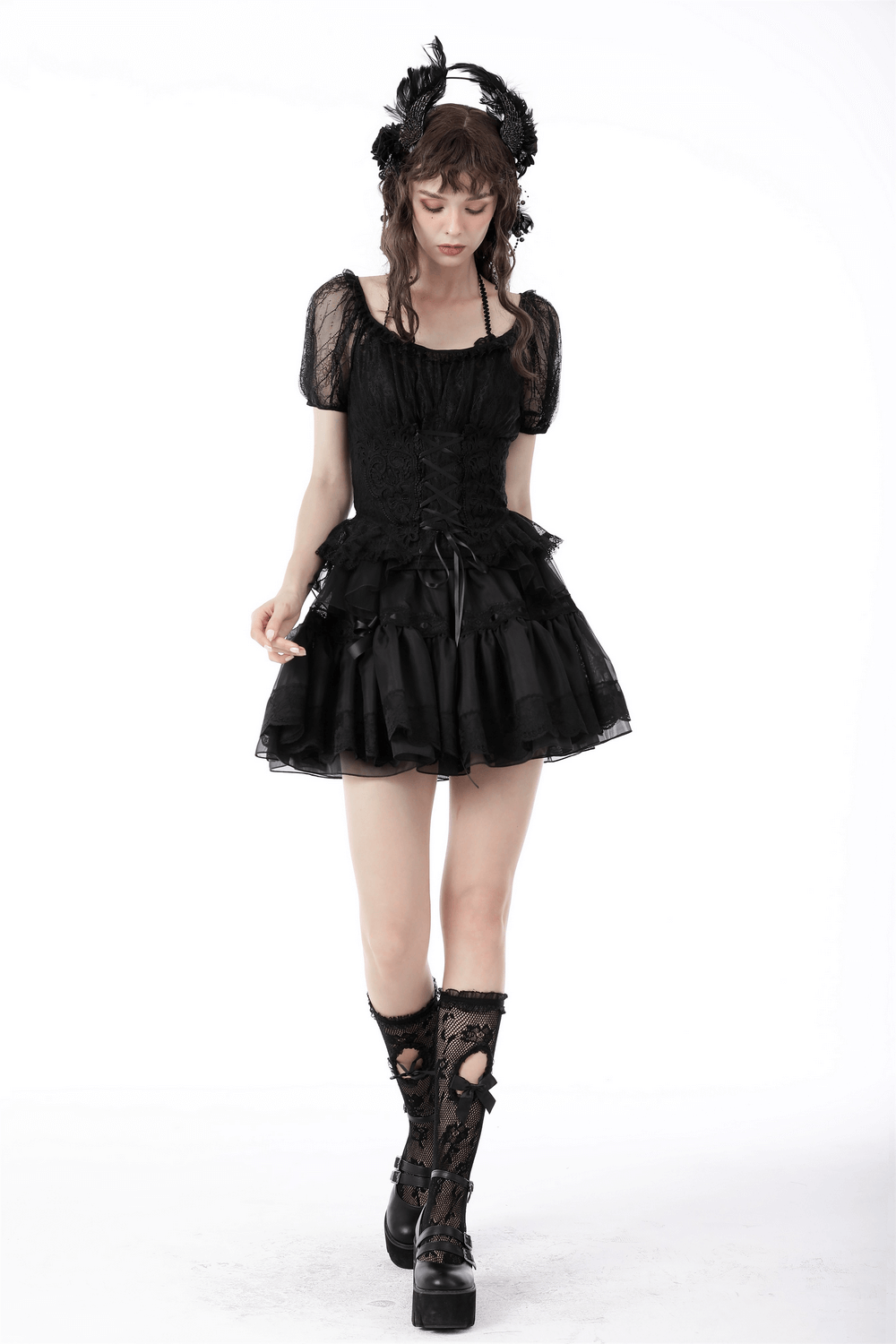 Gothic Female Sheer Black Lace Top with Puff Sleeves