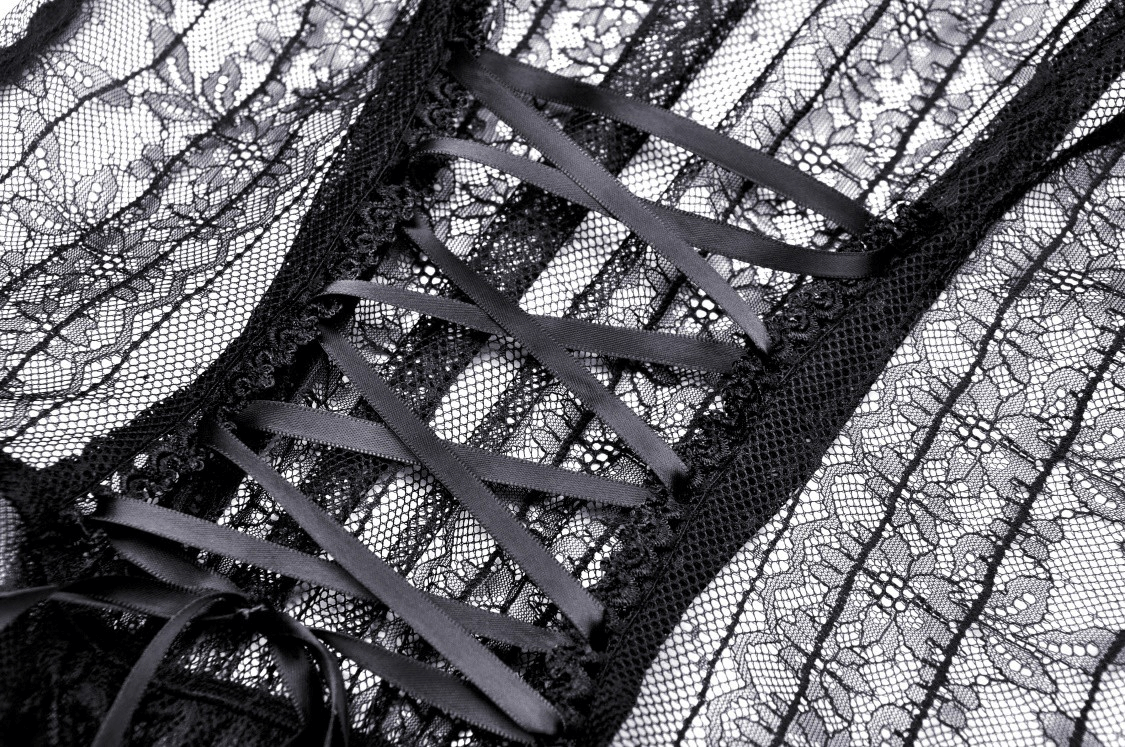 Gothic Female Sheer Black Lace Top with Puff Sleeves