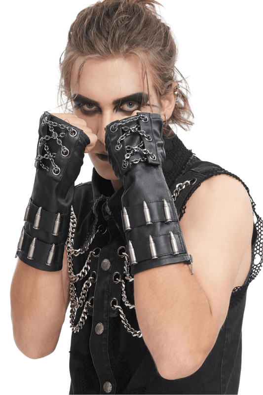Gothic Fingerless Gloves with Chain and Bullet Details