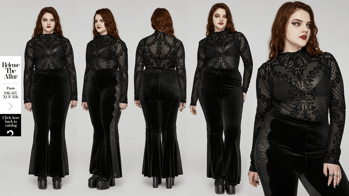 Gothic Flocked Mesh Long Sleeves High-Collar Top