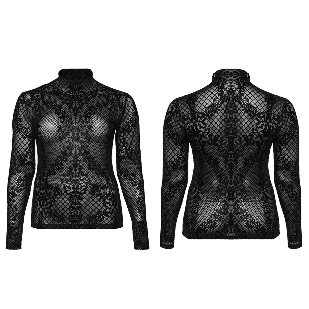 Gothic Flocked Mesh Long Sleeves High-Collar Top