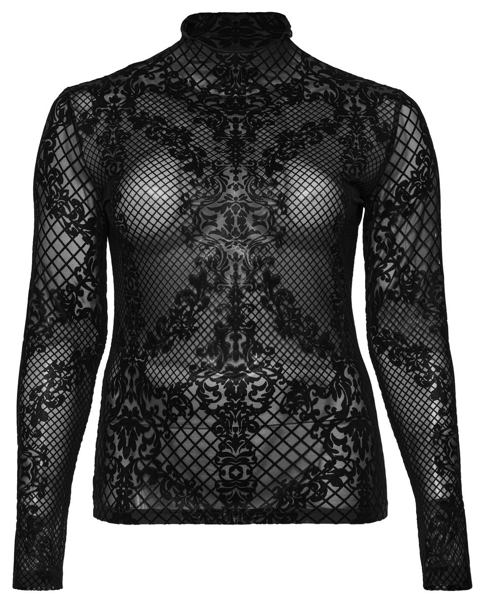 Gothic Flocked Mesh Long Sleeves High-Collar Top