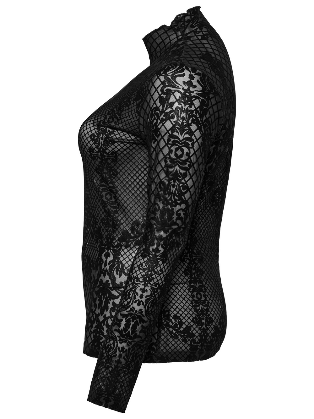 Gothic Flocked Mesh Long Sleeves High-Collar Top