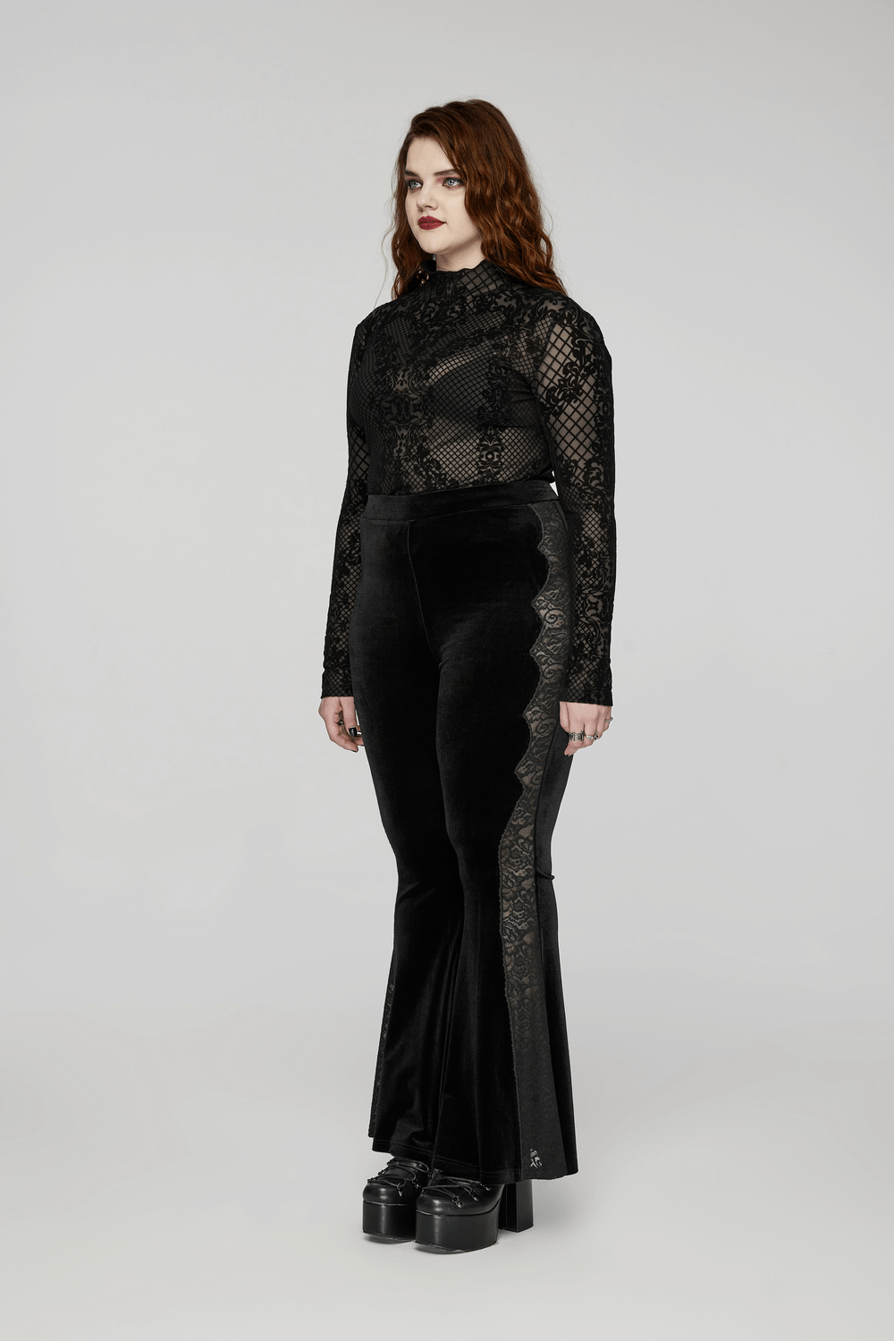 Gothic Flocked Mesh Long Sleeves High-Collar Top