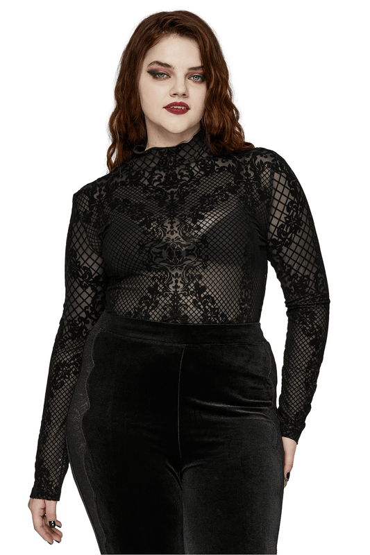 Gothic Flocked Mesh Long Sleeves High-Collar Top
