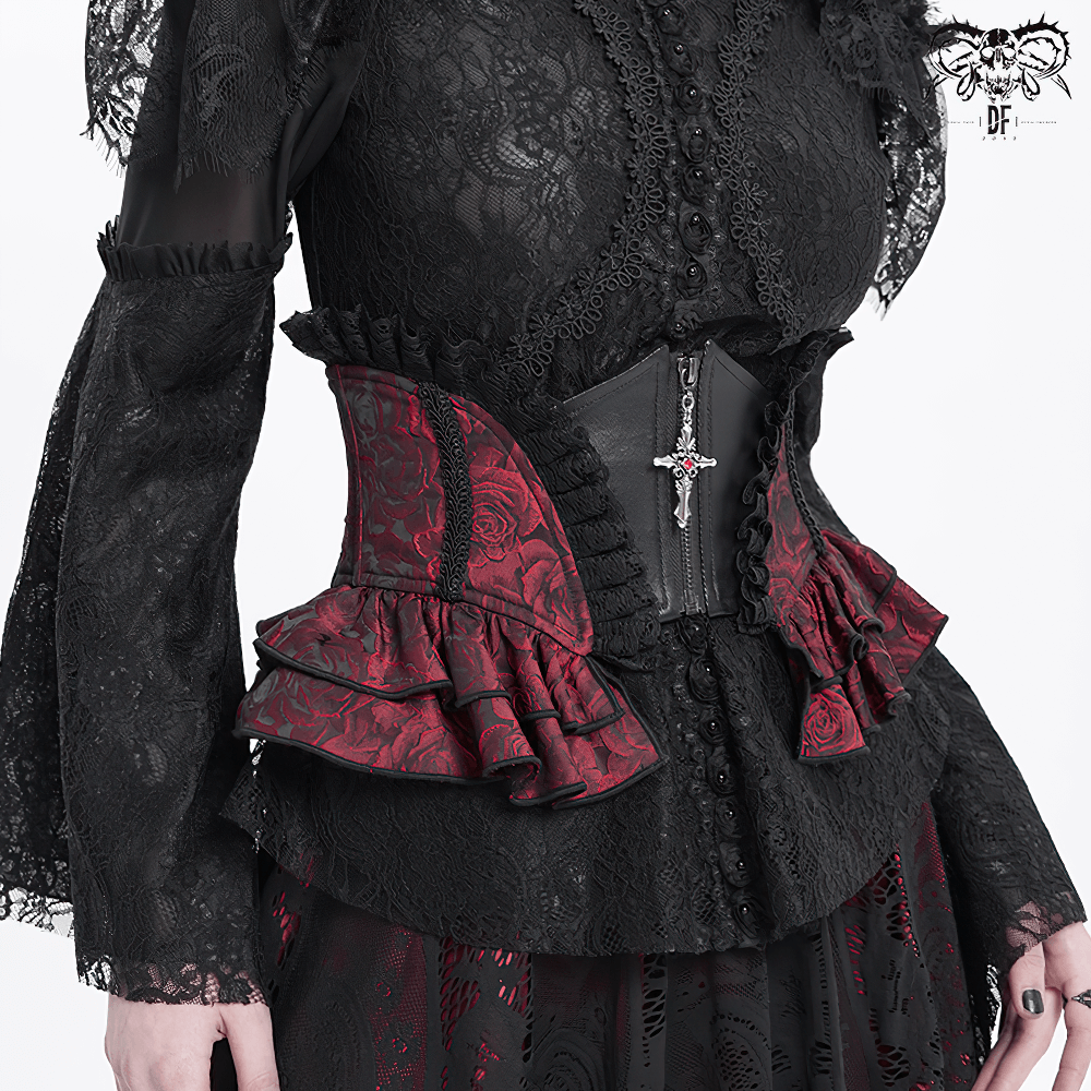 Gothic Floral Brocade Waist Corset Belt with Lace-Up Back