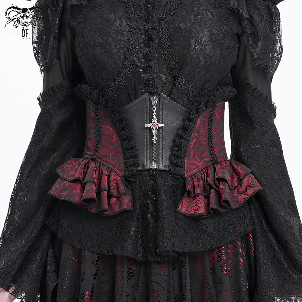 Gothic Floral Brocade Waist Corset Belt with Lace-Up Back