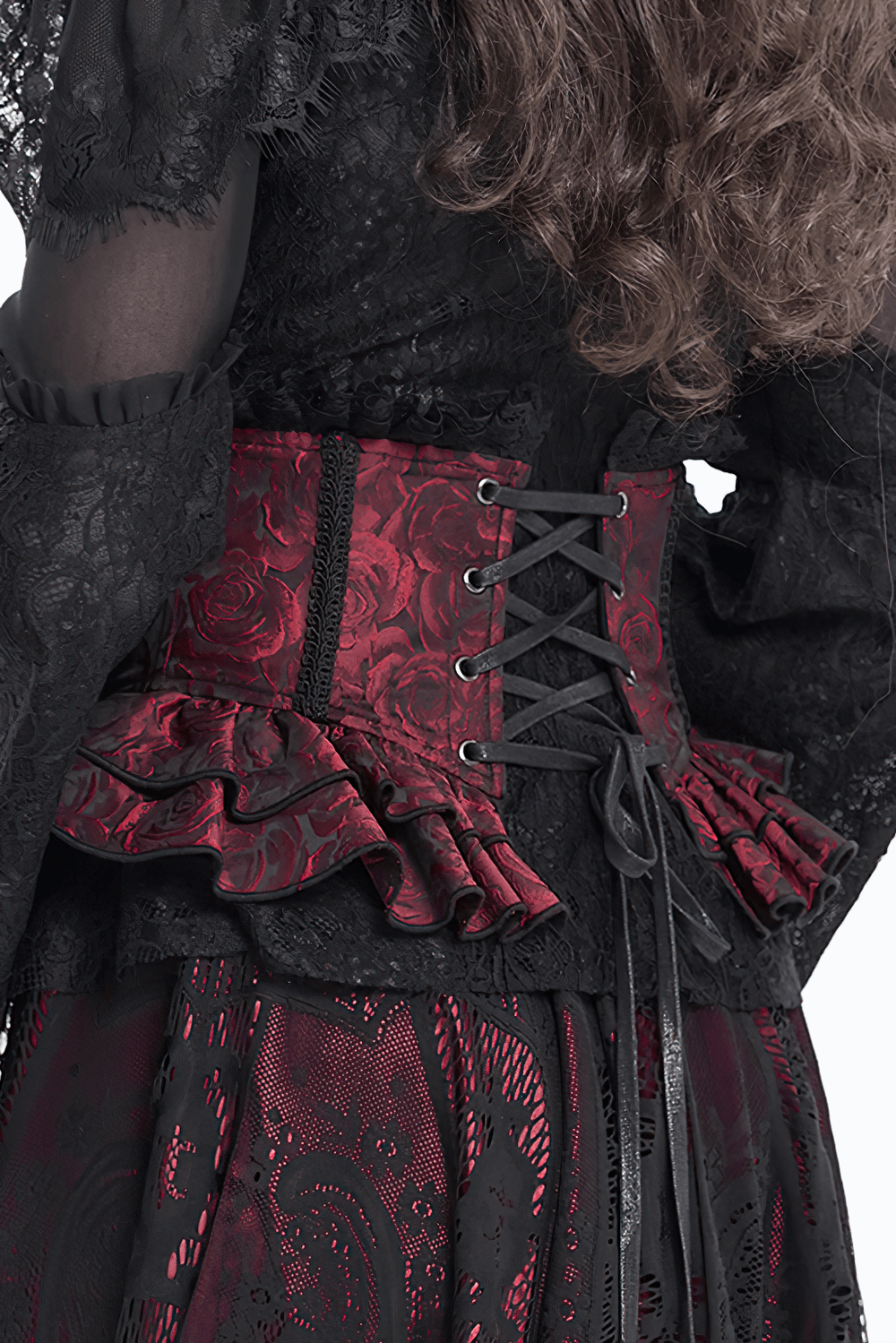 Gothic Floral Brocade Waist Corset Belt with Lace-Up Back