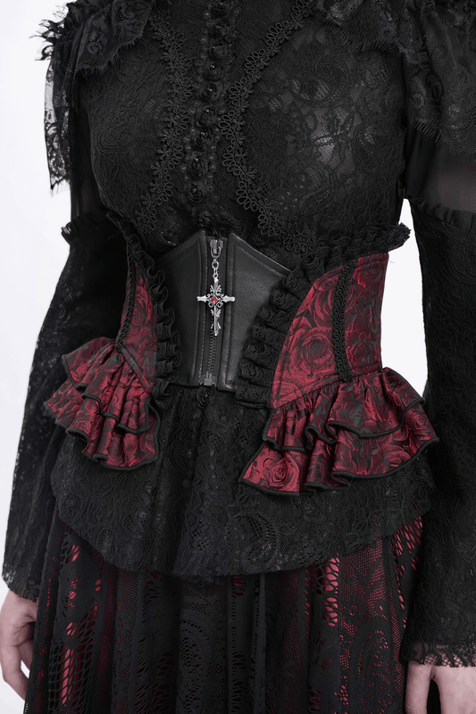 Gothic Floral Brocade Waist Corset Belt with Lace-Up Back