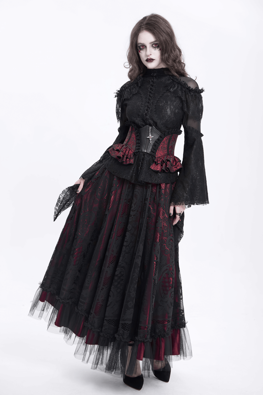 Gothic Floral Brocade Waist Corset Belt with Lace-Up Back