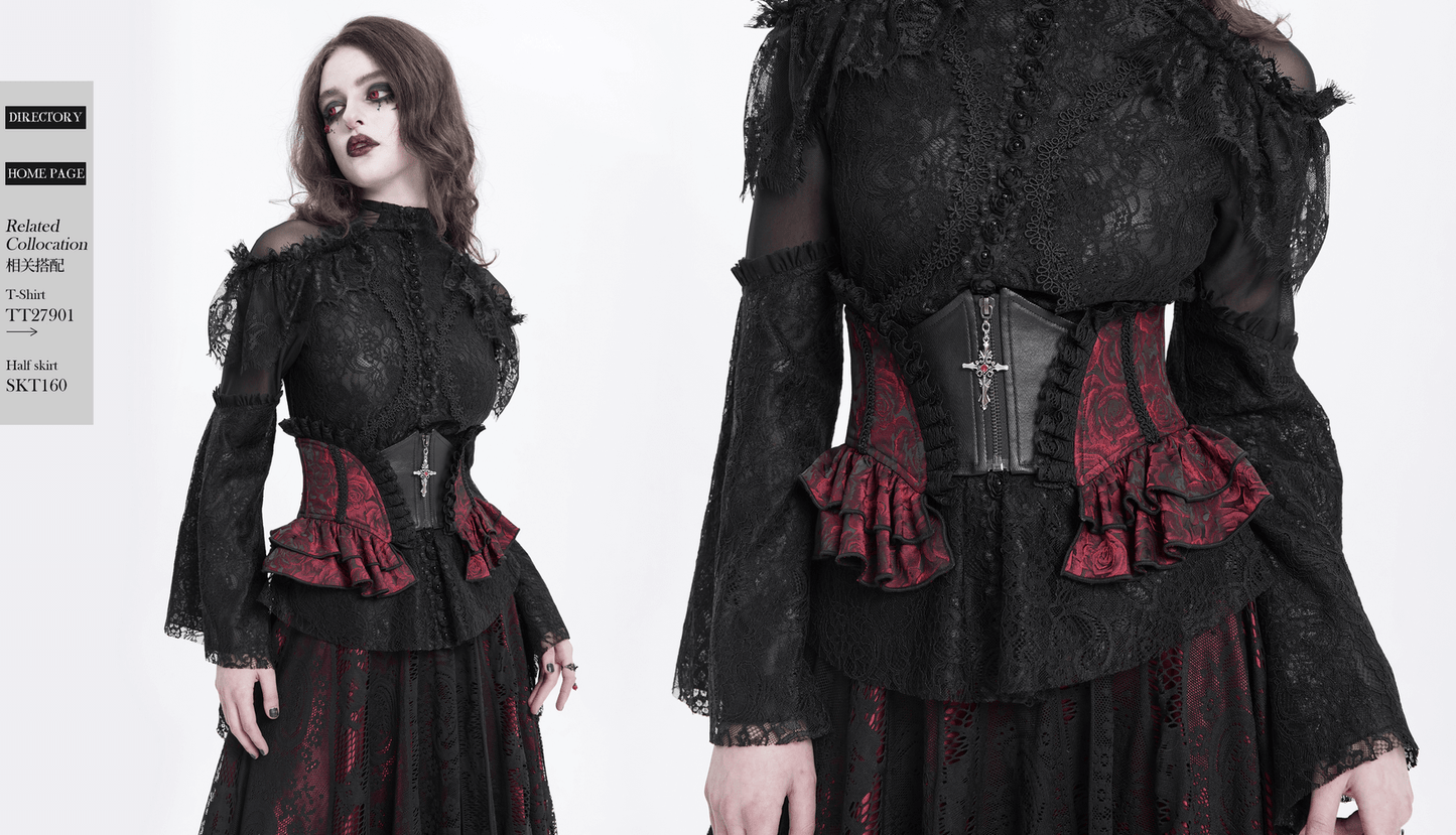 Gothic Floral Brocade Waist Corset Belt with Lace-Up Back