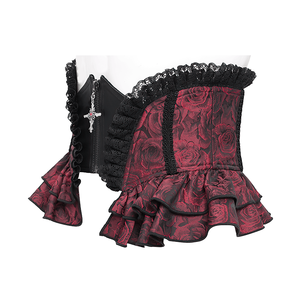 Gothic Floral Brocade Waist Corset Belt with Lace-Up Back