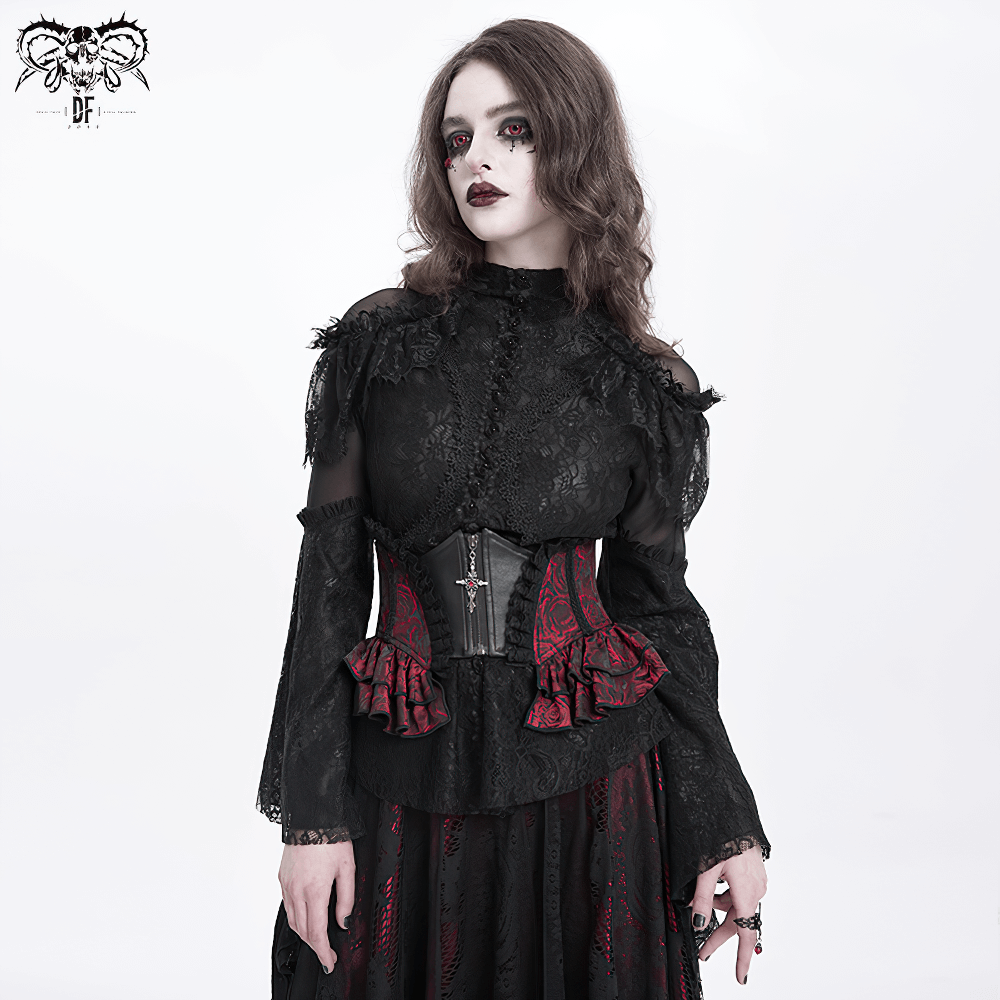 Gothic Floral Brocade Waist Corset Belt with Lace-Up Back