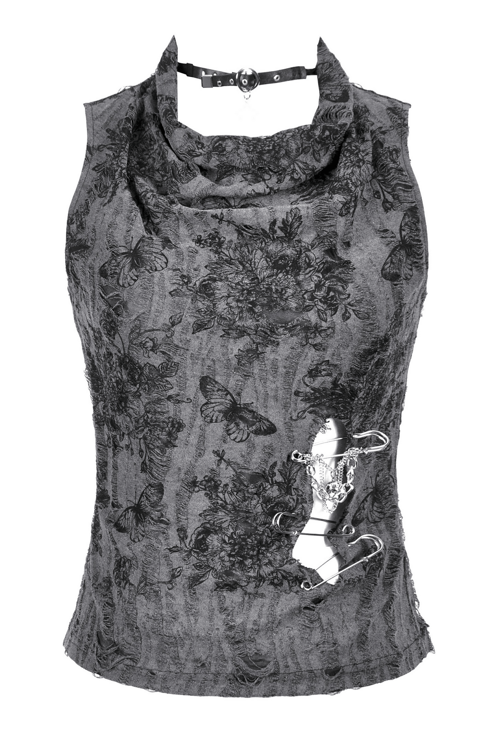 Gothic Floral Butterfly Sleeveless Top with Chains and Pins