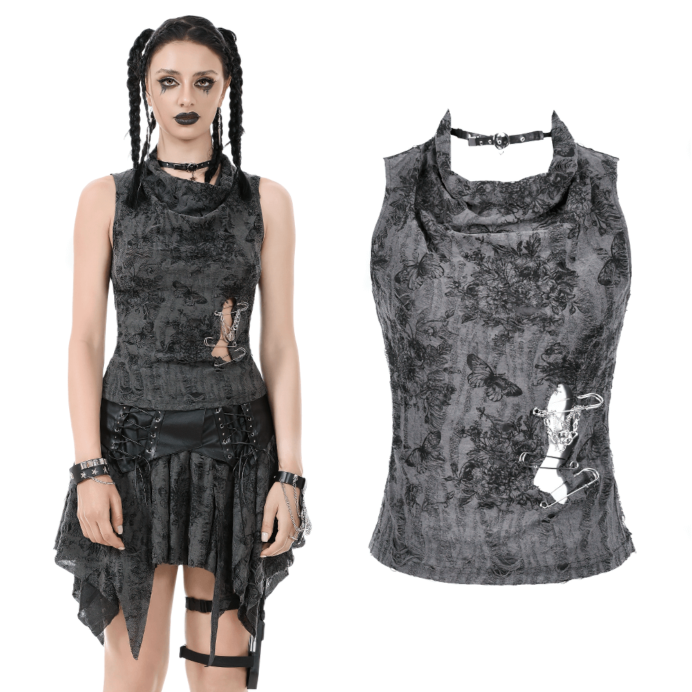 Gothic Floral Butterfly Sleeveless Top with Chains and Pins