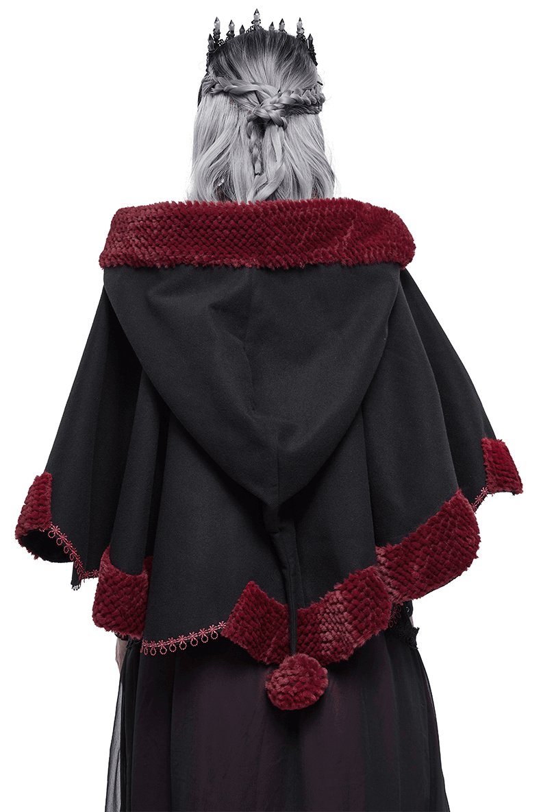 Gothic Floral Embroidered Splice Cape with Pompons / Black Short Cape with Red Guipure
