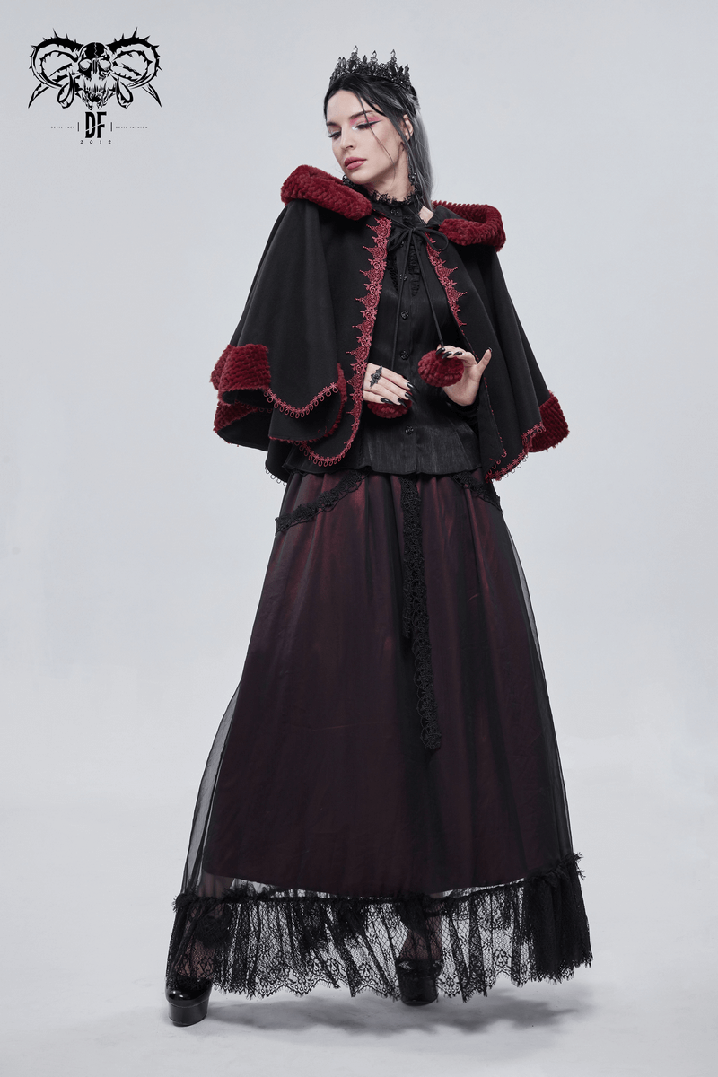 Gothic Floral Embroidered Splice Cape with Pompons / Black Short Cape with Red Guipure