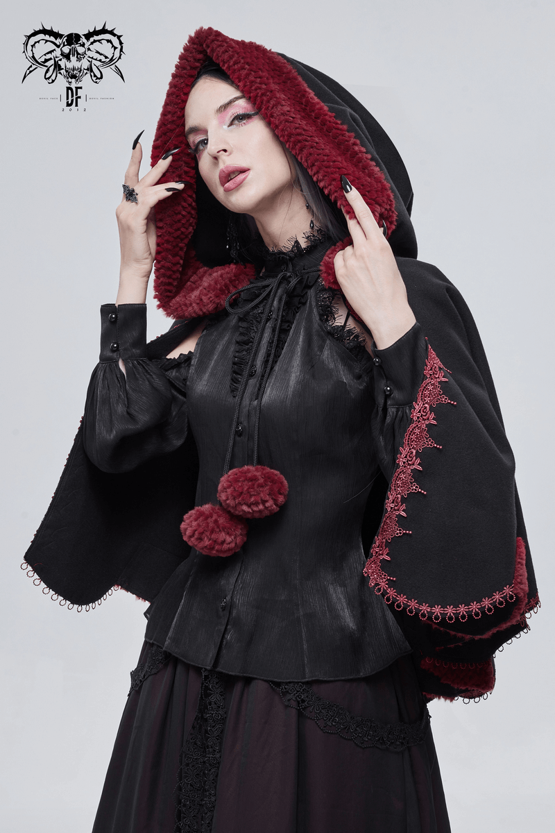 Gothic Floral Embroidered Splice Cape with Pompons / Black Short Cape with Red Guipure