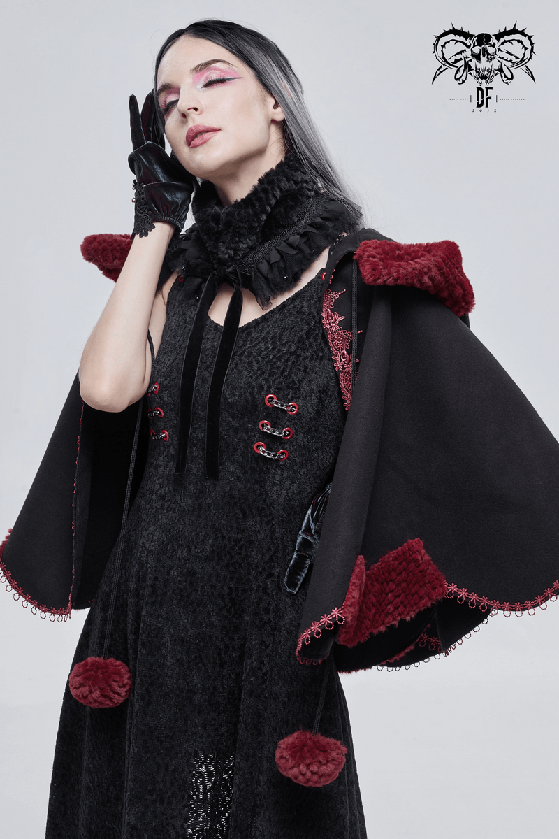 Gothic Floral Embroidered Splice Cape with Pompons / Black Short Cape with Red Guipure