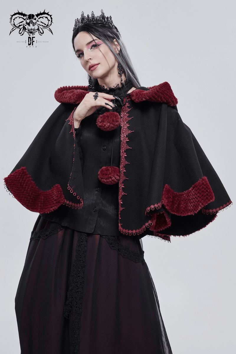 Gothic Floral Embroidered Splice Cape with Pompons / Black Short Cape with Red Guipure