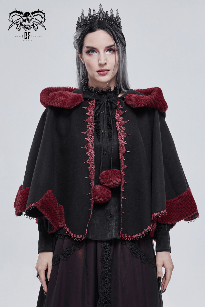 Gothic Floral Embroidered Splice Cape with Pompons / Black Short Cape with Red Guipure