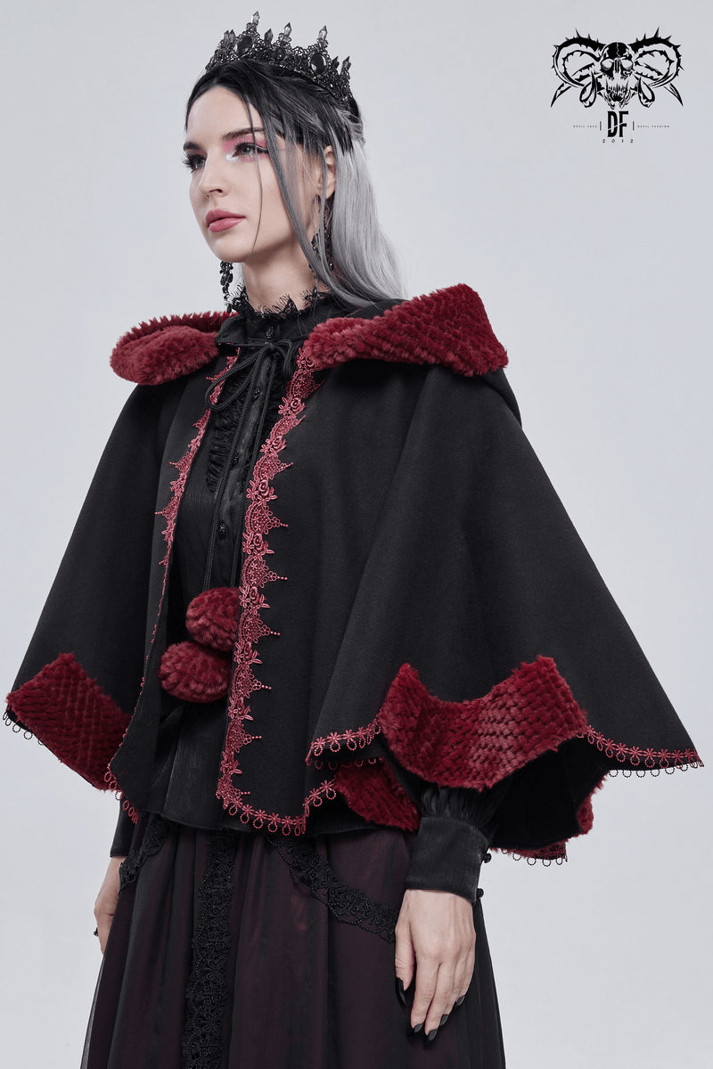Gothic Floral Embroidered Splice Cape with Pompons / Black Short Cape with Red Guipure