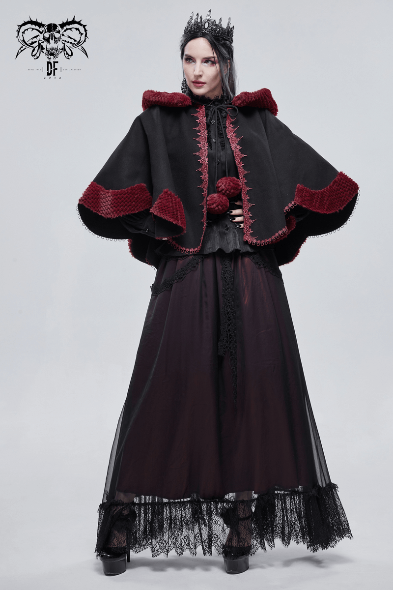 Gothic Floral Embroidered Splice Cape with Pompons / Black Short Cape with Red Guipure