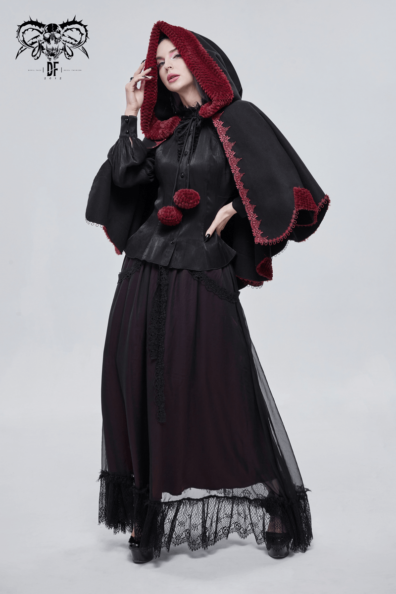 Gothic Floral Embroidered Splice Cape with Pompons / Black Short Cape with Red Guipure