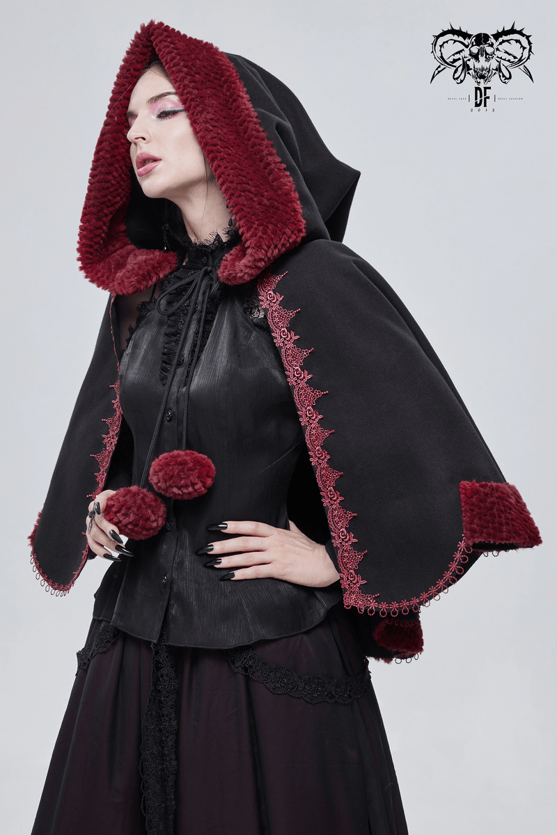 Gothic Floral Embroidered Splice Cape with Pompons / Black Short Cape with Red Guipure