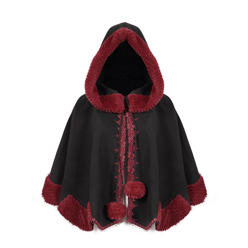 Gothic Floral Embroidered Splice Cape with Pompons / Black Short Cape with Red Guipure