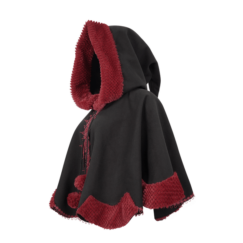 Gothic Floral Embroidered Splice Cape with Pompons / Black Short Cape with Red Guipure