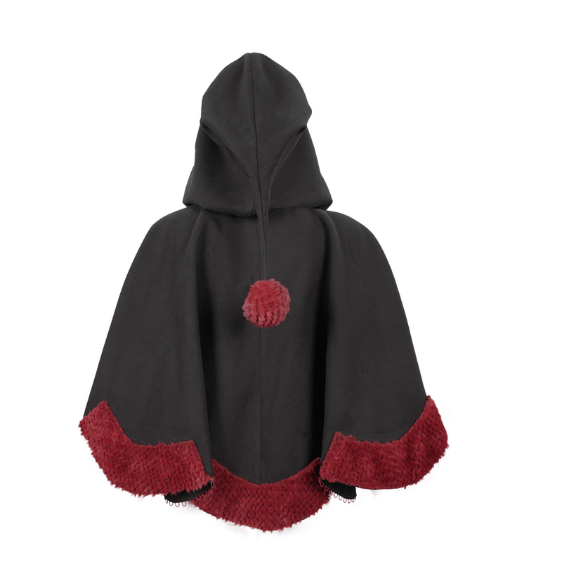 Gothic Floral Embroidered Splice Cape with Pompons / Black Short Cape with Red Guipure