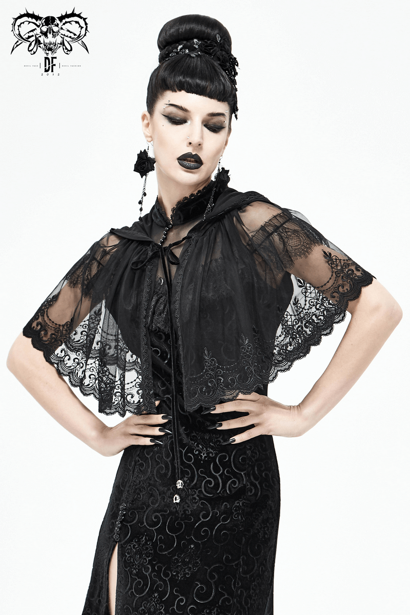 Gothic Floral Lace Cape with Hooded / Women's Black Short Cape with Velvet Ribbon