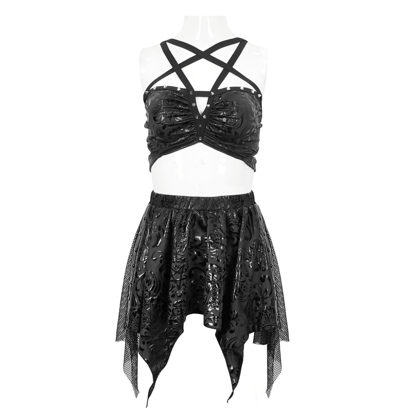 Gothic Floral Print Irregular Splice Swimsuit / Studded Swimwear With Star-Shaped Straps